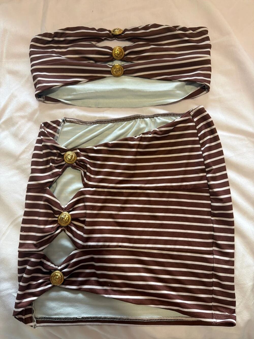 Brown Striped Two Piece Set Bandeau Top Mini Skirt Gold Button Cutout Size S
